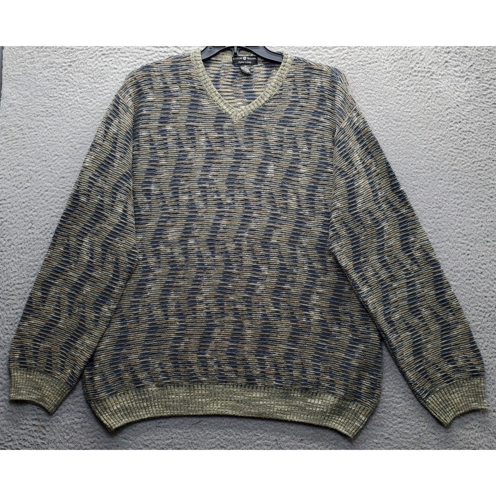 Cotton Traders Sweater Mens M Multi 3D Knit Ribbed Hem & Cuff V-Neck Pullover